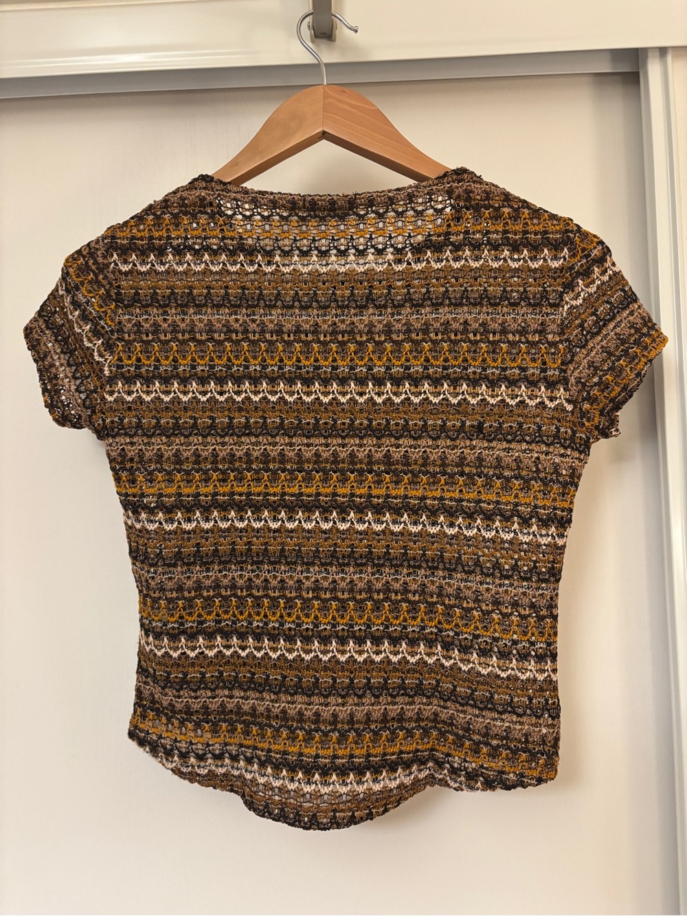 Vintage Y2K Grunge Top Size Small Crochet Open Knit Short Sleeves Layers Stripe - Picture 3 of 8